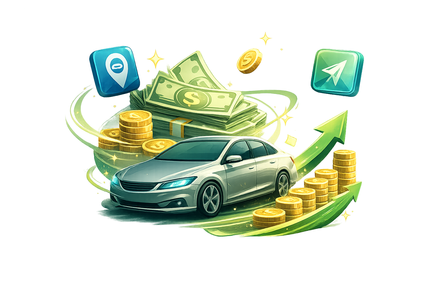 Carro com moedas e seta de crescimento